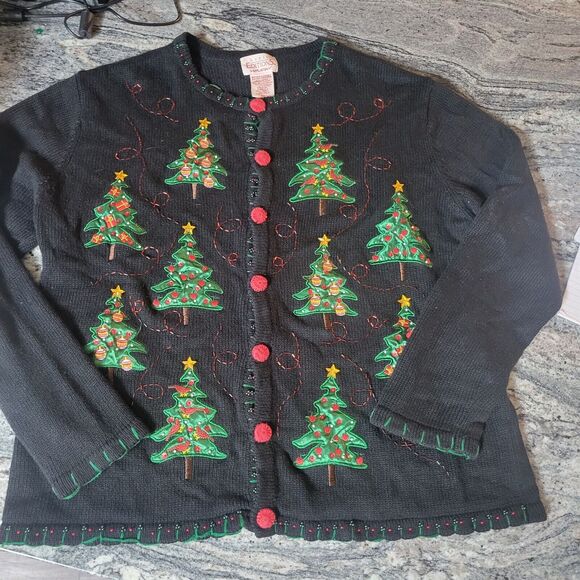 Basic Editions Sweaters - Basic Editions Holiday Christmas Ugly Sweater Women's XL Cardigan Vintage Trees